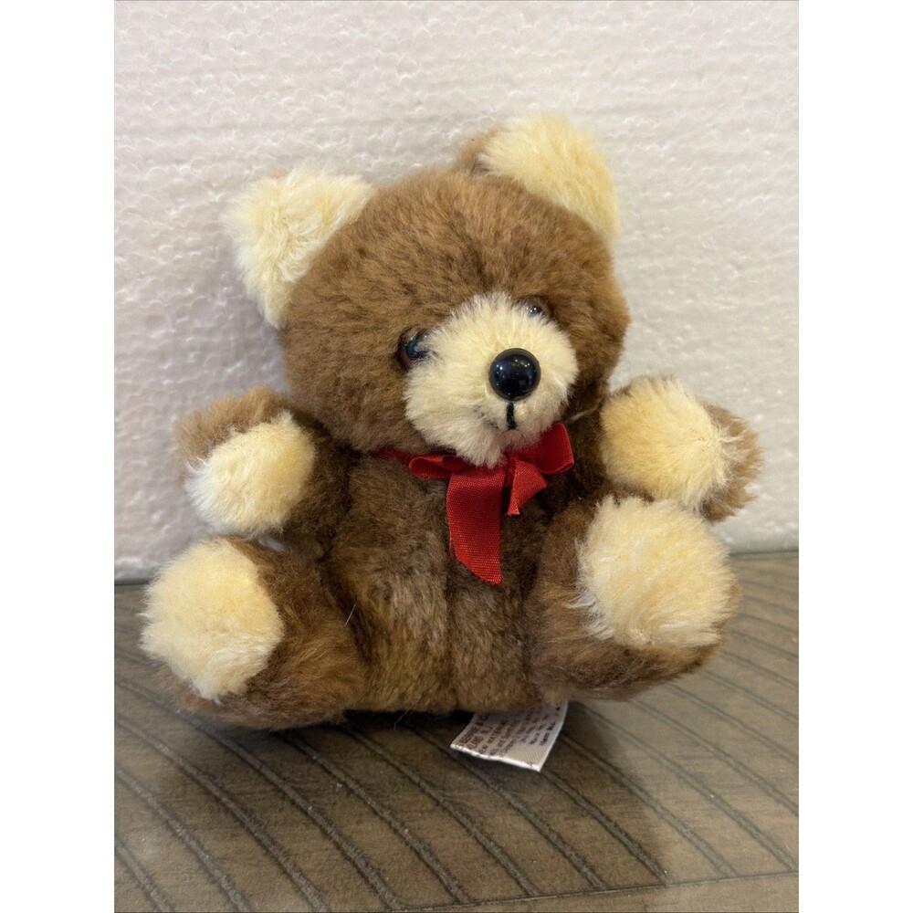 Vintage Russ Berrie Brown Teddy Bear Red Bow Plush Stuffed Animal 4” Rare